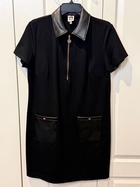 NWOT Anne Klein Black Short Sleeve Mini Polo Dress with Faux Leather Collar Sz M